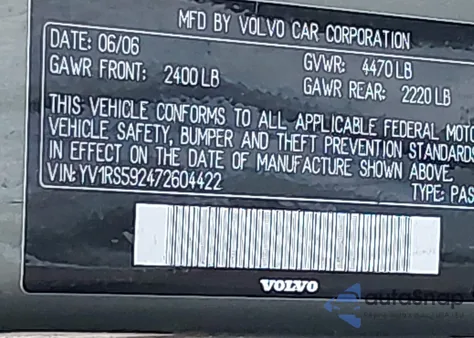 2007 Volvo S60 2.5T z USA, uszkodzony, nr VIN YV1RS592472604422